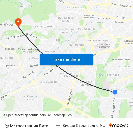 Ⓜ️ Метростанция Витоша / Vitosha Metro Station (0911) to Висше Строително Училище ""Любен Каравелов"" map