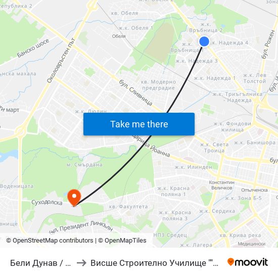 Бели Дунав / Beli Dunav to Висше Строително Училище ""Любен Каравелов"" map