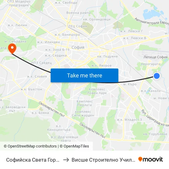 Софийска Света Гора /  Sofiyska Sveta Gora to Висше Строително Училище ""Любен Каравелов"" map