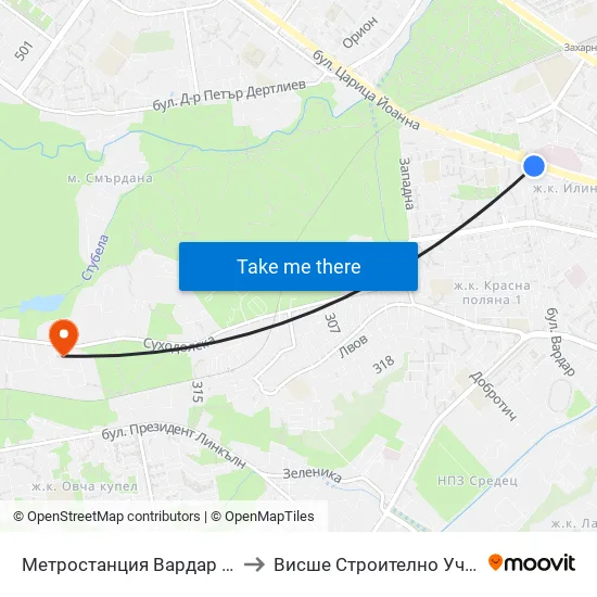 Ⓜ️ Метростанция Вардар / Vardar Metro Station (6453) to Висше Строително Училище ""Любен Каравелов"" map