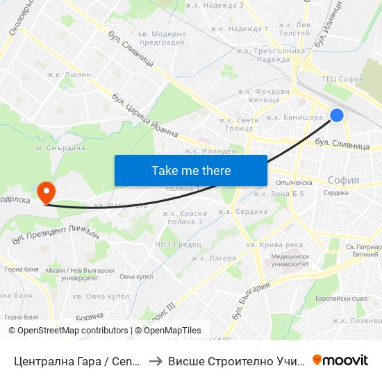 Централна Гара / Central Railway Station (1333) to Висше Строително Училище ""Любен Каравелов"" map