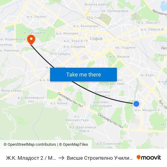 Ж.К. Младост 2 / Mladost 2 Qr. (0664) to Висше Строително Училище ""Любен Каравелов"" map