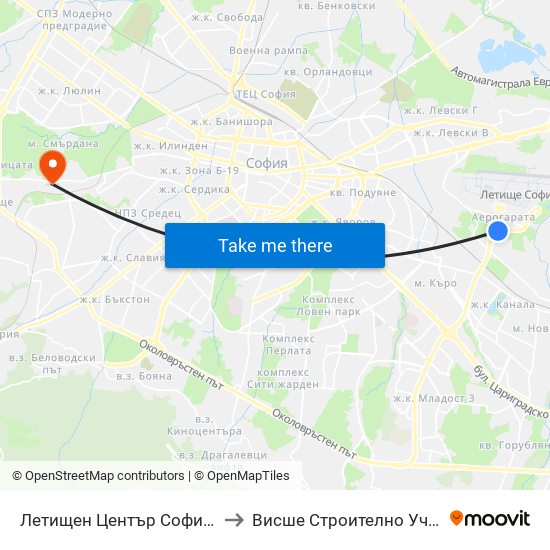 Летищен Център София / Sofia Airport Center (2797) to Висше Строително Училище ""Любен Каравелов"" map