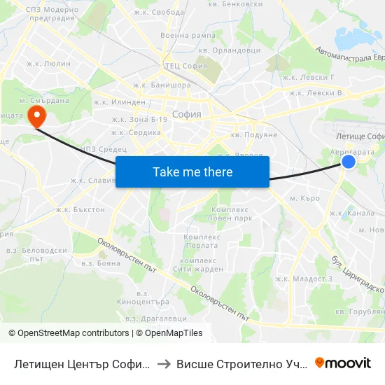 Летищен Център София / Sofia Airport Center (2797) to Висше Строително Училище ""Любен Каравелов"" map