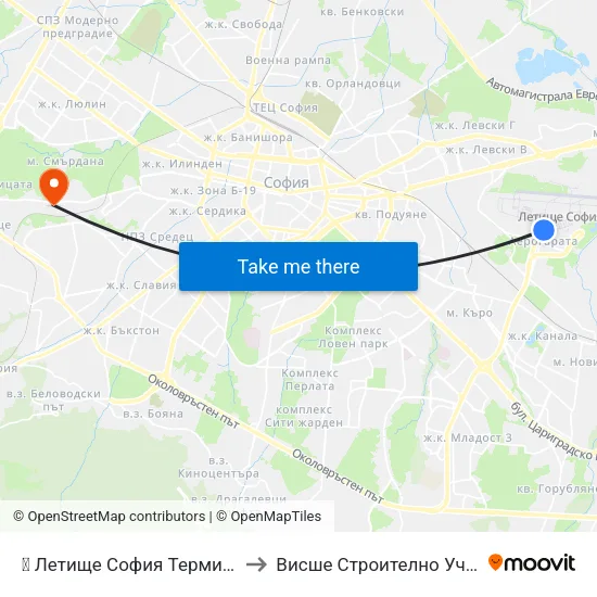 ✈️ Летище София Терминал 1 / Sofia Airport Terminal 1 to Висше Строително Училище ""Любен Каравелов"" map