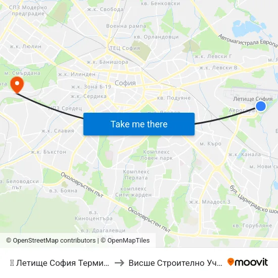 ✈️ Летище София Терминал 2 / Sofia Airport Terminal 2 to Висше Строително Училище ""Любен Каравелов"" map