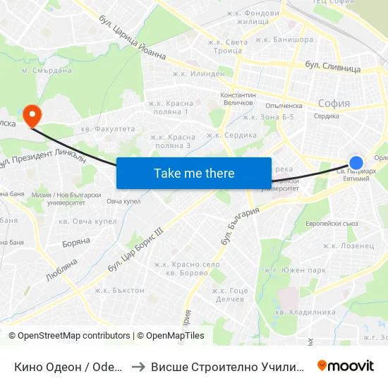 Ⓜ️ Кино Одеон / Odeon Cinema (0926) to Висше Строително Училище ""Любен Каравелов"" map