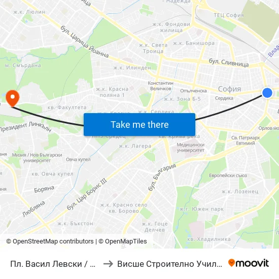 🎓 Пл. Васил Левски / Vasil Levski Sq. (1241) to Висше Строително Училище ""Любен Каравелов"" map