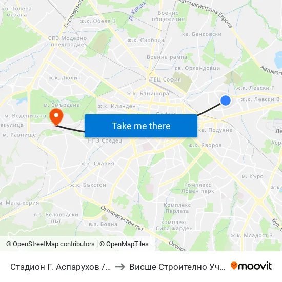 Стадион Г. Аспарухов / G. Asparuhov Stadium (1613) to Висше Строително Училище ""Любен Каравелов"" map