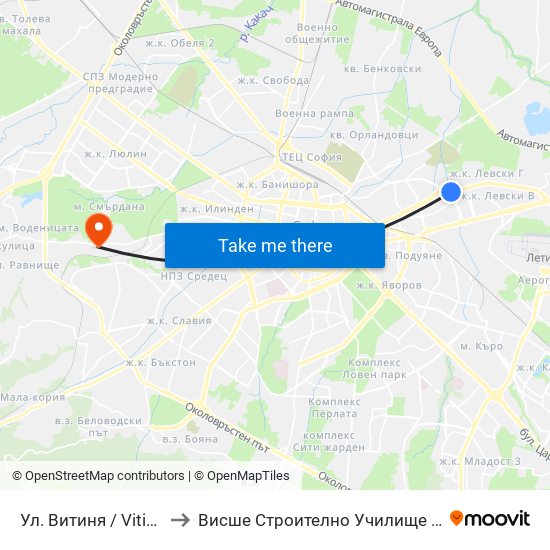 Ул. Витиня / Vitinya St. (1753) to Висше Строително Училище ""Любен Каравелов"" map