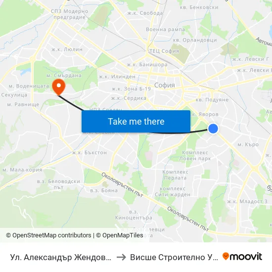 Ул. Александър Жендов / Aleksandar Zhendov Blvd. (1819) to Висше Строително Училище ""Любен Каравелов"" map