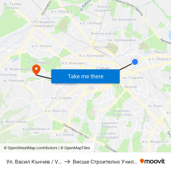Ул. Васил Кънчев / Vasil Kanchev St. (1862) to Висше Строително Училище ""Любен Каравелов"" map