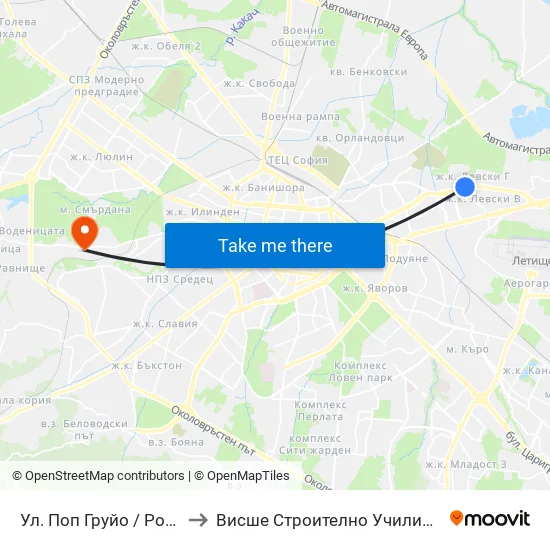Ул. Поп Груйо / Pop Gruyu St. (2124) to Висше Строително Училище ""Любен Каравелов"" map
