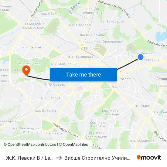 Ж.К. Левски В / Levski V Qr. (2125) to Висше Строително Училище ""Любен Каравелов"" map