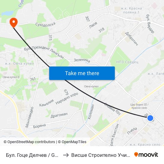 Бул. Гоце Делчев / Gotse Delchev Blvd. (2136) to Висше Строително Училище ""Любен Каравелов"" map