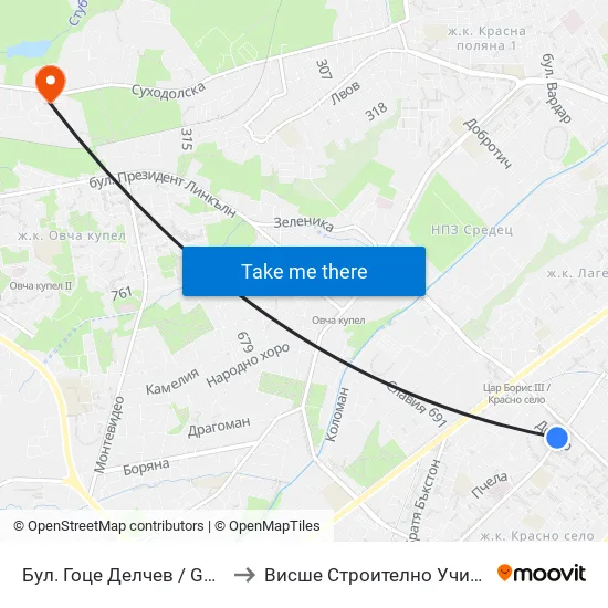Бул. Гоце Делчев / Gotse Delchev Blvd. (2136) to Висше Строително Училище ""Любен Каравелов"" map