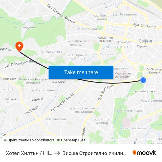 Хотел Хилтън / Hilton Hotel (0399) to Висше Строително Училище ""Любен Каравелов"" map