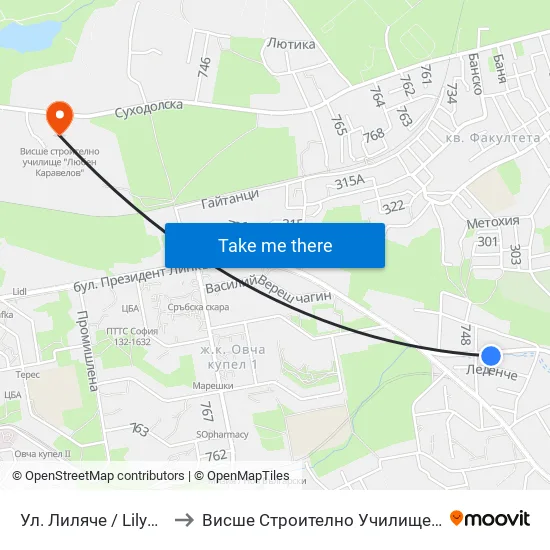 Ул. Лиляче / Lilyache St. (2032) to Висше Строително Училище ""Любен Каравелов"" map