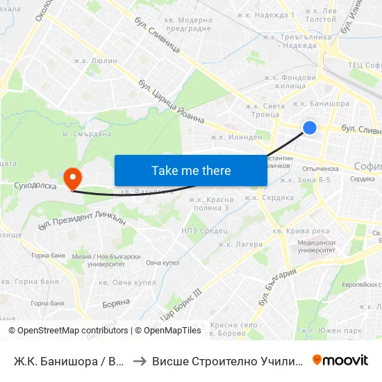 Ж.К. Банишора / Banishora Qr. (0804) to Висше Строително Училище ""Любен Каравелов"" map