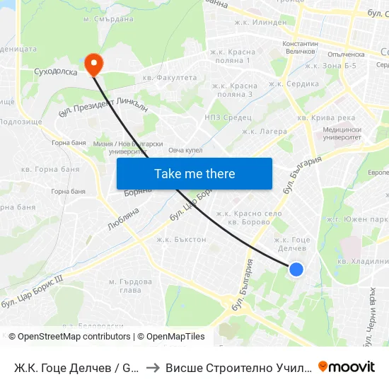 Ж.К. Гоце Делчев / Gotse Delchev Qr. (0600) to Висше Строително Училище ""Любен Каравелов"" map
