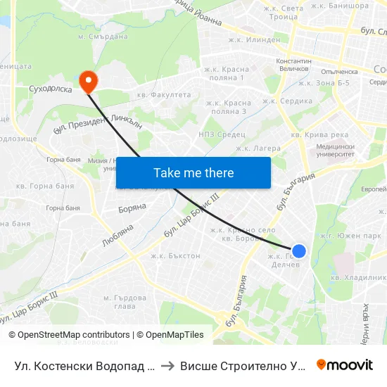 Ул. Костенски Водопад / Kostenski Vodopad St. (2008) to Висше Строително Училище ""Любен Каравелов"" map