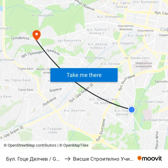 Бул. Гоце Делчев / Gotse Delchev Blvd. (0309) to Висше Строително Училище ""Любен Каравелов"" map