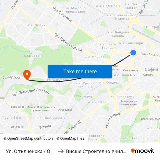 Ул. Опълченска / Opalchenska St. (2082) to Висше Строително Училище ""Любен Каравелов"" map