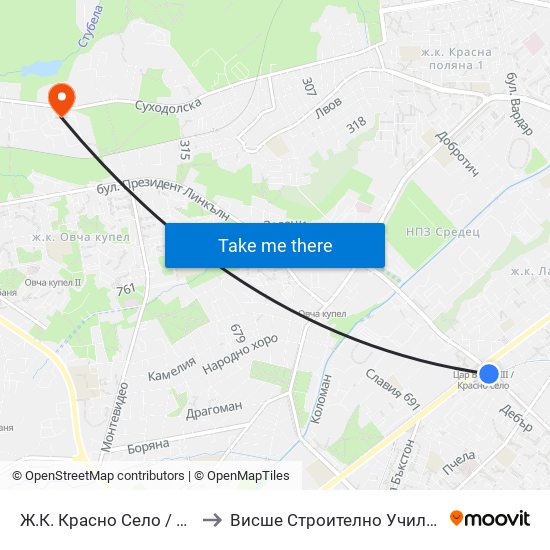 Ж.К. Красно Село / Krasno Selo Qr. (0637) to Висше Строително Училище ""Любен Каравелов"" map