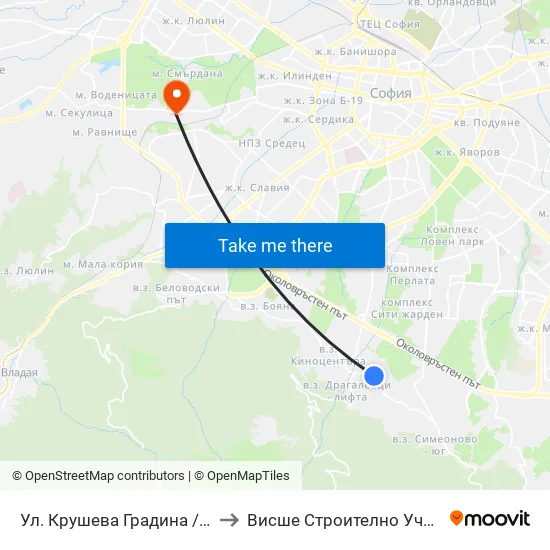 Ул. Крушева Градина / Krusheva Gradina St (6705) to Висше Строително Училище ""Любен Каравелов"" map