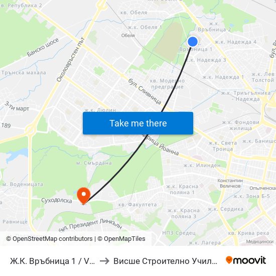 Ж.К. Връбница 1 / Vrabnitsa 1 Qr. (2579) to Висше Строително Училище ""Любен Каравелов"" map