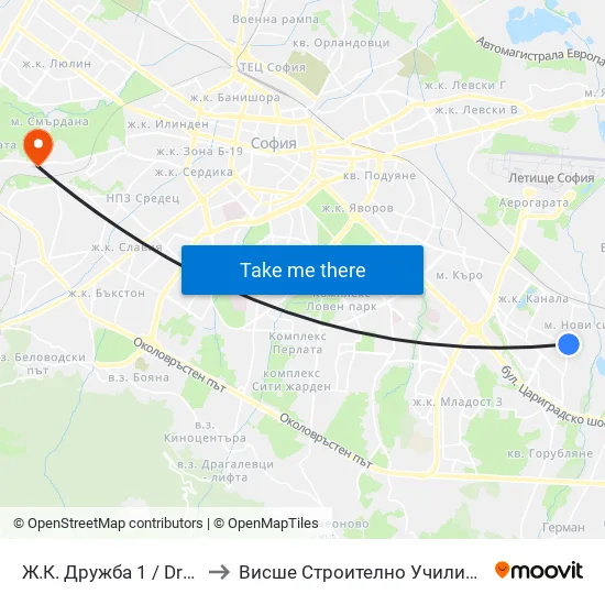 Ж.К. Дружба 1 / Druzhba 1 Qr. (0605) to Висше Строително Училище ""Любен Каравелов"" map