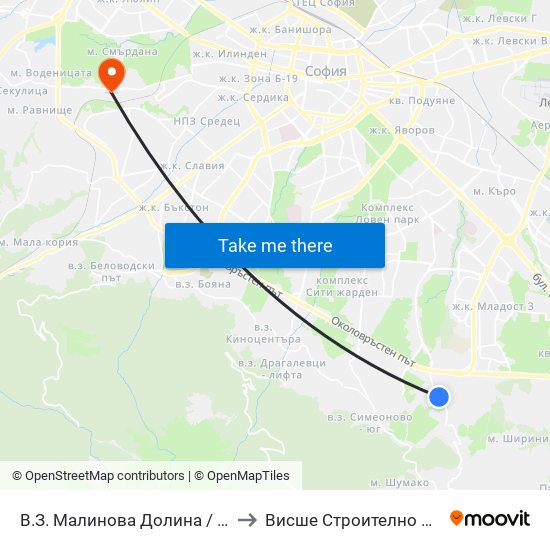 В.З. Малинова Долина / Malinova Dolina Village Zone (2824) to Висше Строително Училище ""Любен Каравелов"" map