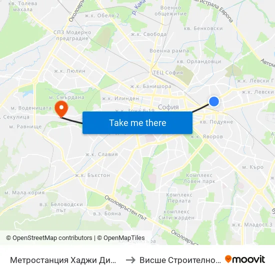Ⓜ️ Метростанция Хаджи Димитър / Hadzhi Dimitar Metro Station (2821) to Висше Строително Училище ""Любен Каравелов"" map