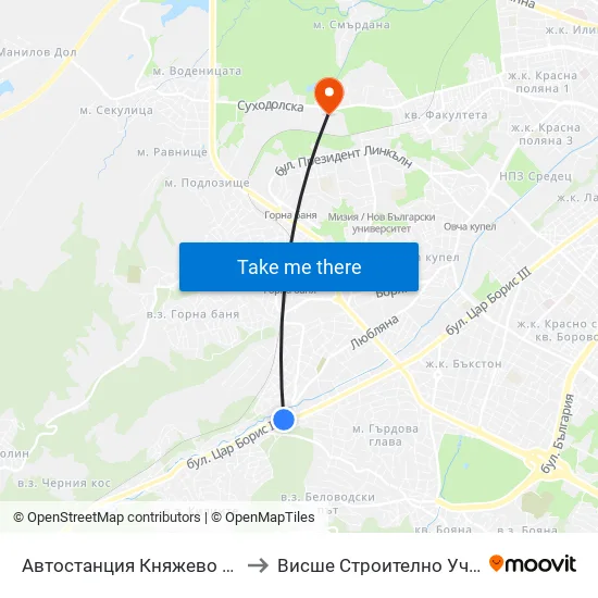 🚌 Автостанция Княжево / Knyazhevo Bus Station (6035) to Висше Строително Училище ""Любен Каравелов"" map