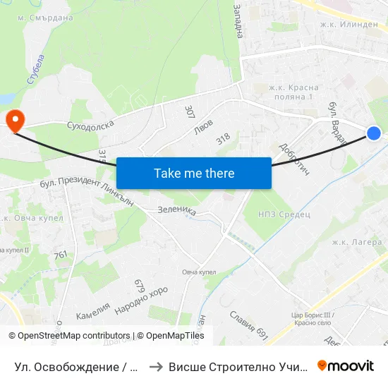 Ул. Освобождение / Osvobozhdenie St. (2098) to Висше Строително Училище ""Любен Каравелов"" map
