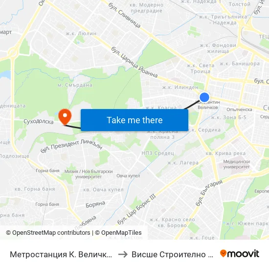 Ⓜ️ Метростанция К. Величков / K. Velichkov Metro Station (1050) to Висше Строително Училище ""Любен Каравелов"" map