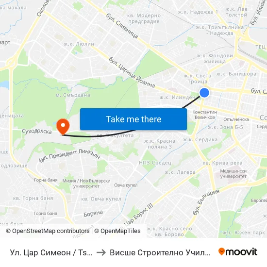 Ул. Цар Симеон / Tsar Simeon St. (2250) to Висше Строително Училище ""Любен Каравелов"" map