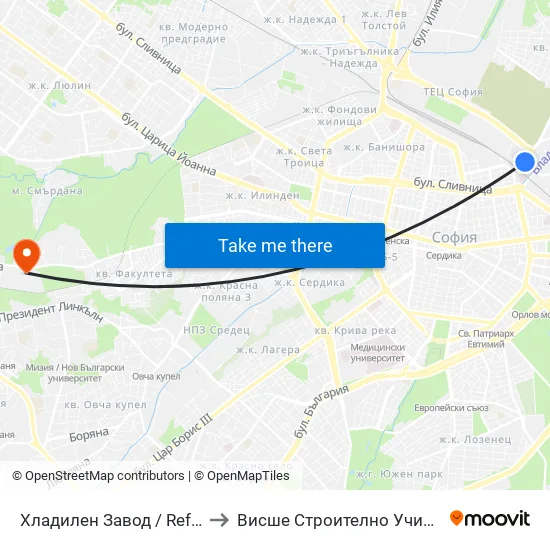 Хладилен Завод / Refrigerator Factory (2311) to Висше Строително Училище ""Любен Каравелов"" map
