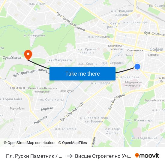 Пл. Руски Паметник / Russian Monument Sq. (1297) to Висше Строително Училище ""Любен Каравелов"" map
