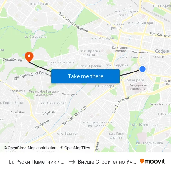 Пл. Руски Паметник / Russian Monument Sq. (1297) to Висше Строително Училище ""Любен Каравелов"" map