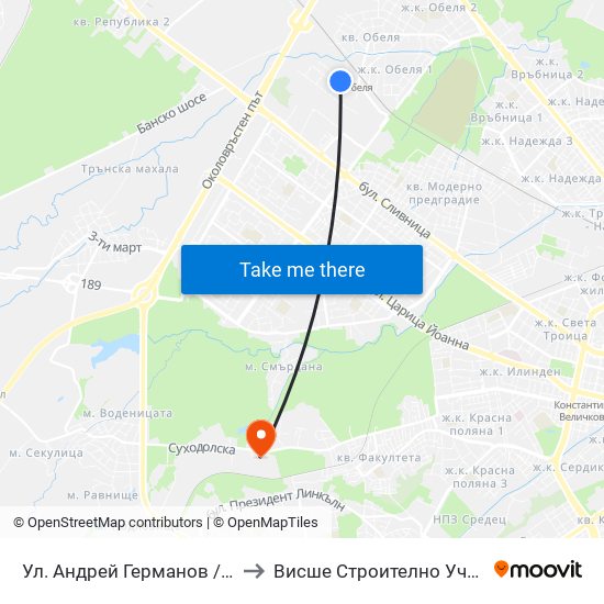 Ул. Андрей Германов / Andrey Germanov St. (2562) to Висше Строително Училище ""Любен Каравелов"" map