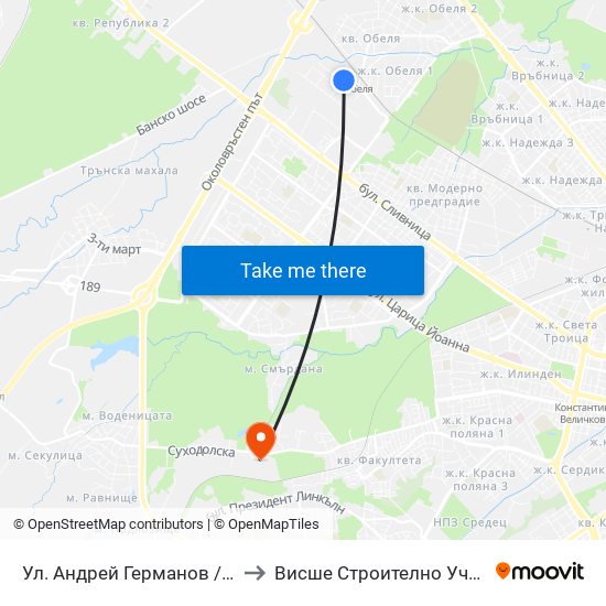 Ул. Андрей Германов / Andrey Germanov St. (2566) to Висше Строително Училище ""Любен Каравелов"" map