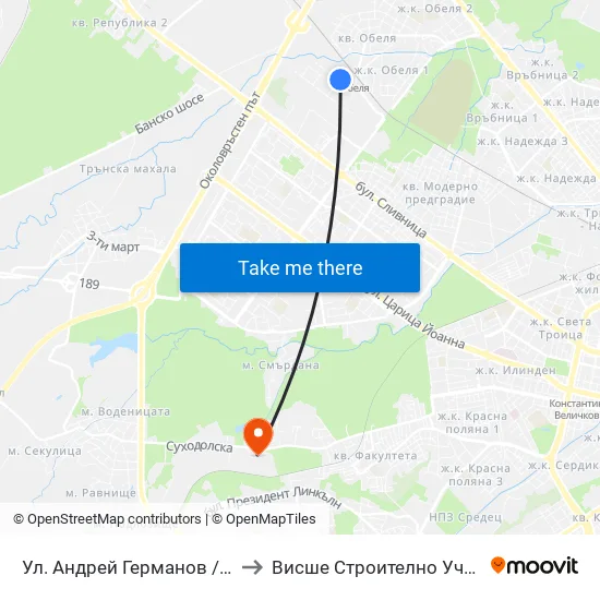 Ул. Андрей Германов / Andrey Germanov St. (2566) to Висше Строително Училище ""Любен Каравелов"" map