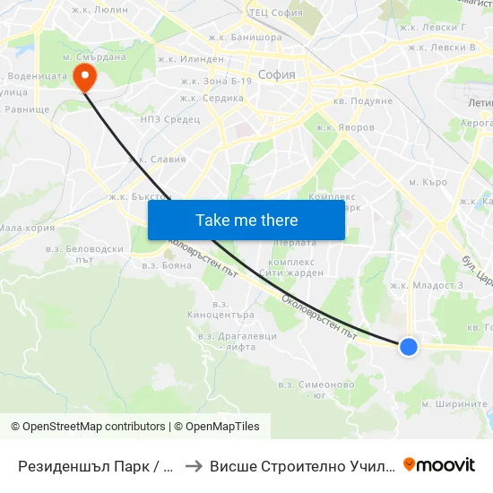 Резиденшъл Парк / Residential Park (2839) to Висше Строително Училище ""Любен Каравелов"" map
