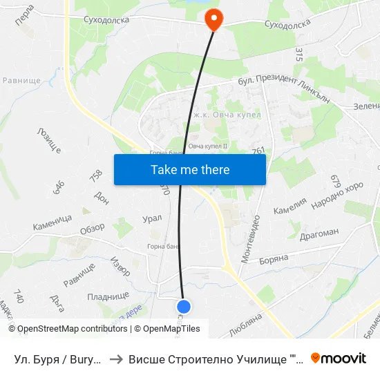 Ул. Буря / Burya St. (6621) to Висше Строително Училище ""Любен Каравелов"" map