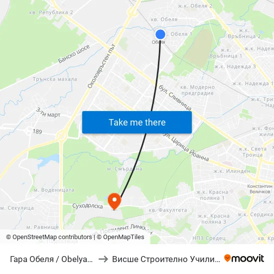 Гара Обеля / Obelya Train Station (6653) to Висше Строително Училище ""Любен Каравелов"" map