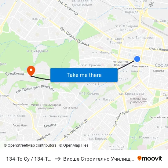 📚 134-То Су / 134-Th School (6668) to Висше Строително Училище ""Любен Каравелов"" map