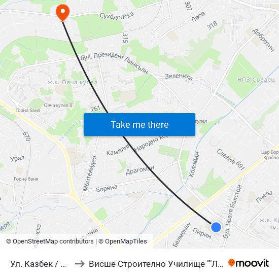 Ул. Казбек / Kazbek St. to Висше Строително Училище ""Любен Каравелов"" map