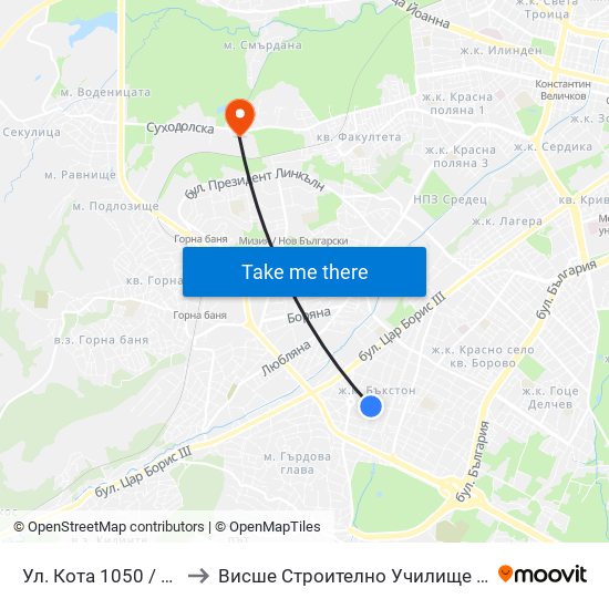 Ул. Кота 1050 / Kota 1050 St. to Висше Строително Училище ""Любен Каравелов"" map