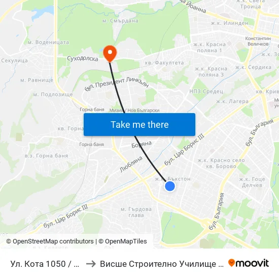Ул. Кота 1050 / Kota 1050 St. to Висше Строително Училище ""Любен Каравелов"" map